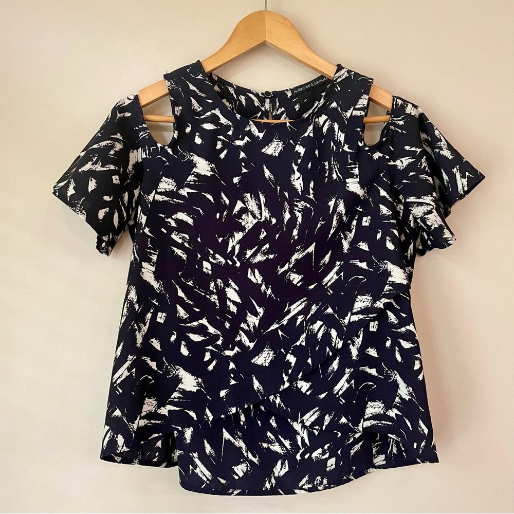 HARLOWE & GRAHAM Off the Shoulder Cutout Patterned Blouse Navy Women’s XS
